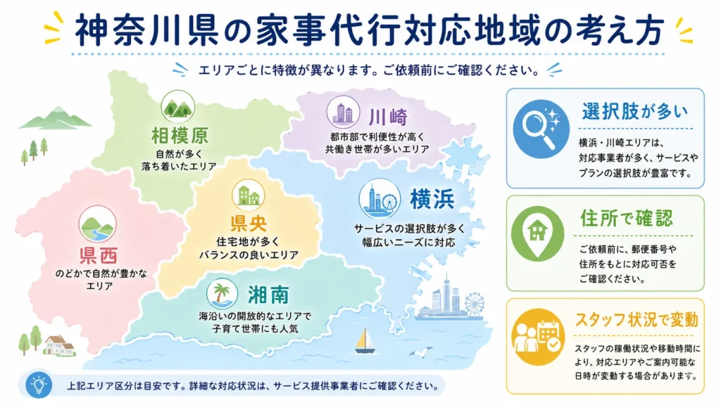 横浜・川崎・湘南・県央・県西で家事代行の候補が異なることを示す図