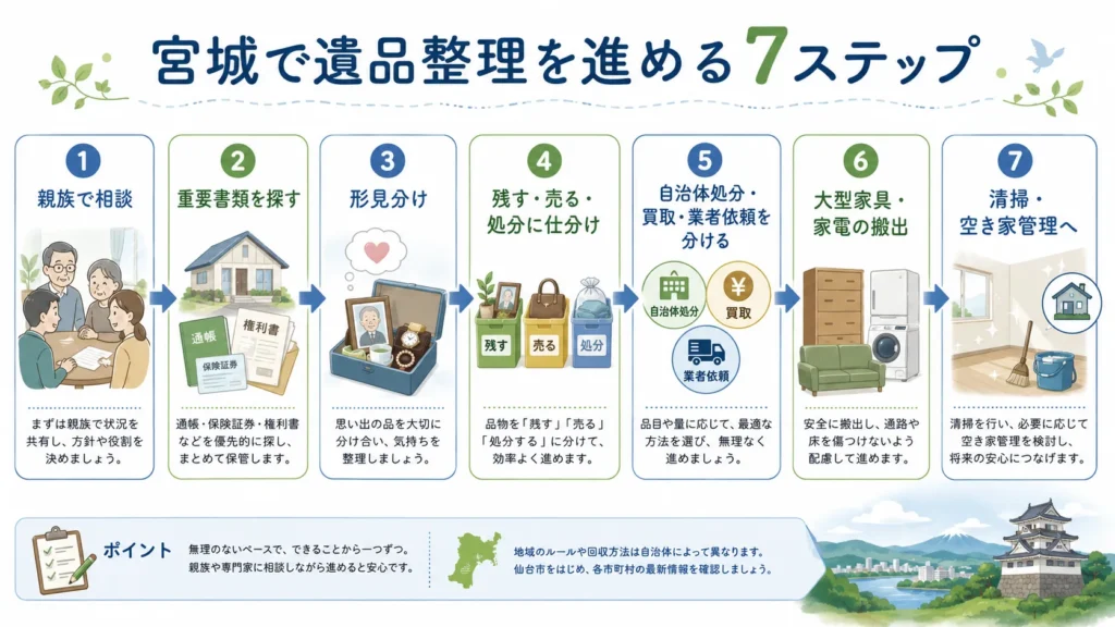 宮城で遺品整理を進める流れを7ステップで示した図。