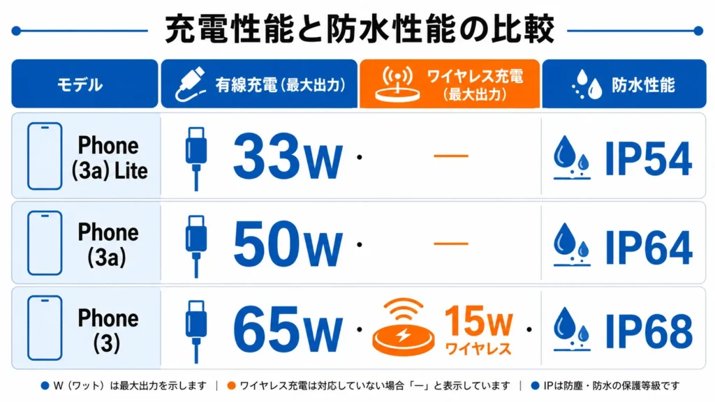 Phone 3シリーズの充電速度、ワイヤレス充電、防塵防水性能の比較。