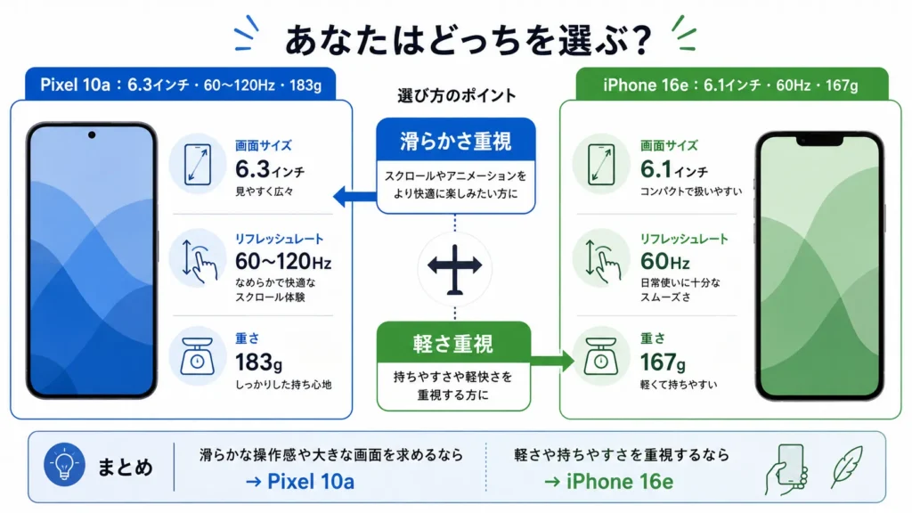 Pixel 10aとiPhone 16eの画面サイズ、リフレッシュレート、重さの比較