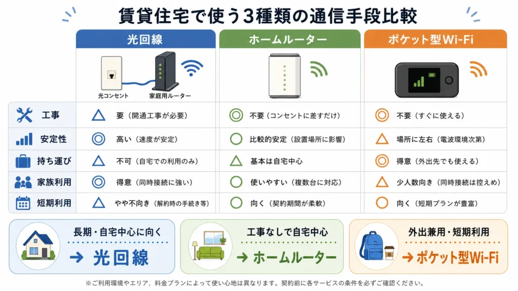光回線、ホームルーター、ポケット型Wi-Fiの工事と用途の違い