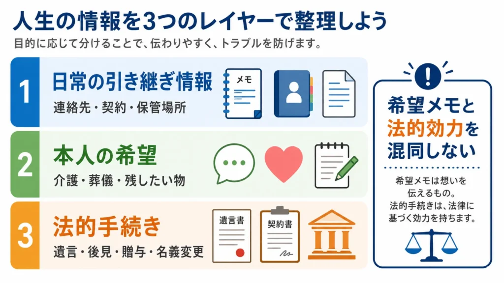 生前整理で家族へ残す日常情報・本人の希望・法的手続きの違い