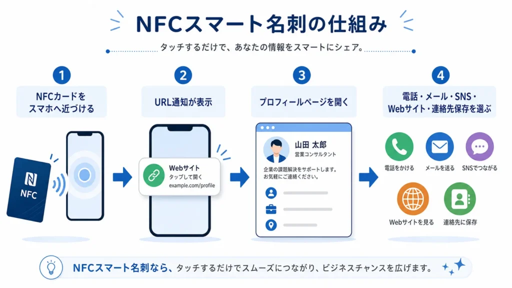 NFCスマート名刺をスマートフォンへかざしてプロフィールを表示する仕組み