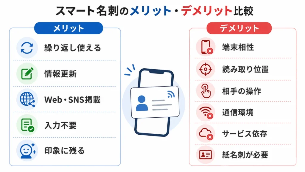 スマート名刺のメリットとデメリットを左右比較した図