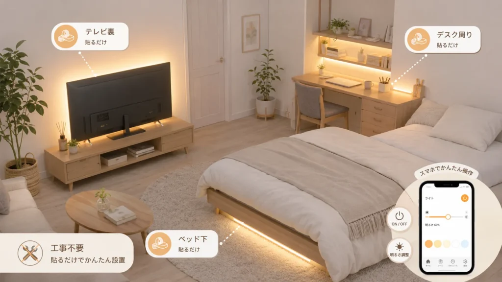 テレビ裏とベッド下にスマートテープライトを設置した部屋のイメージ図