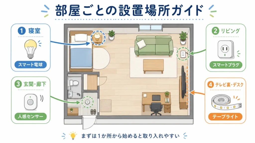 寝室・リビング・玄関・テレビ裏それぞれに向くスマートホーム機器を示した間取り図