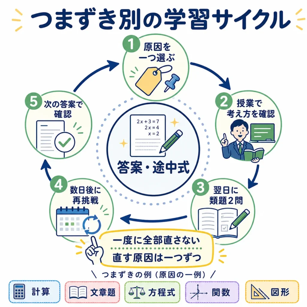 数学が苦手な中学生が答案分析から授業、類題、再確認を繰り返す学習サイクル。