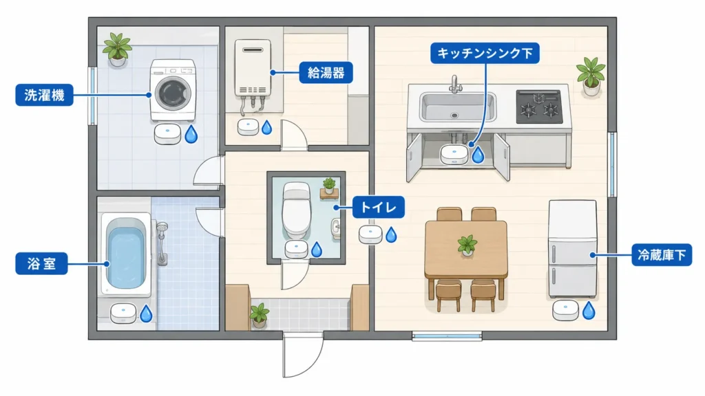 水漏れセンサーを設置したい家の中の場所一覧