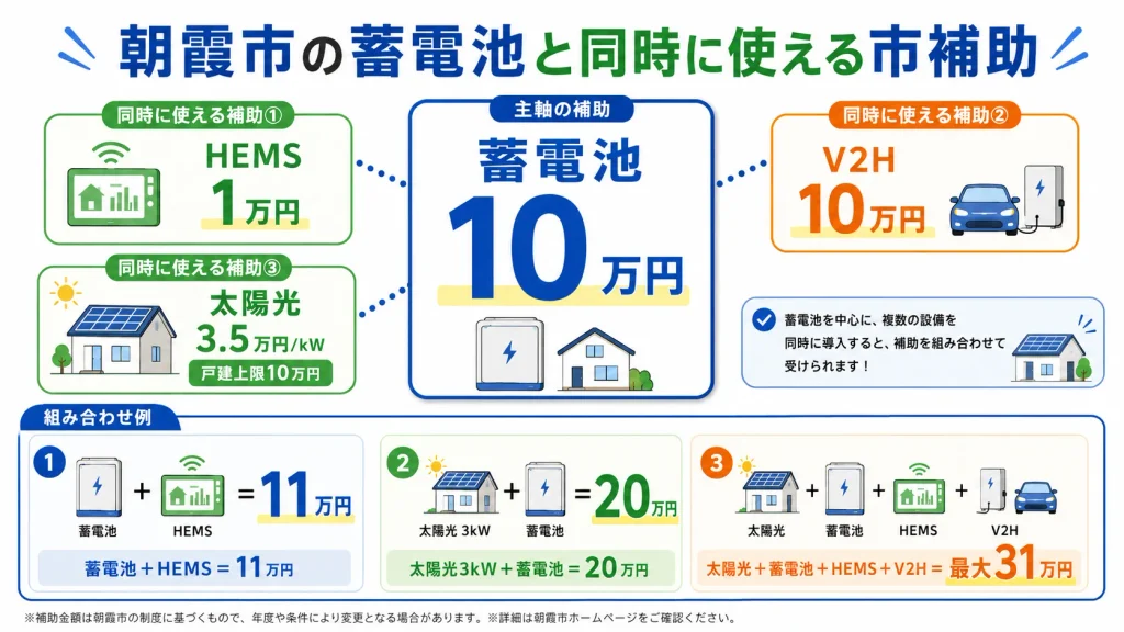 朝霞市で蓄電池10万円と太陽光・HEMS・V2Hの補助金を組み合わせる例