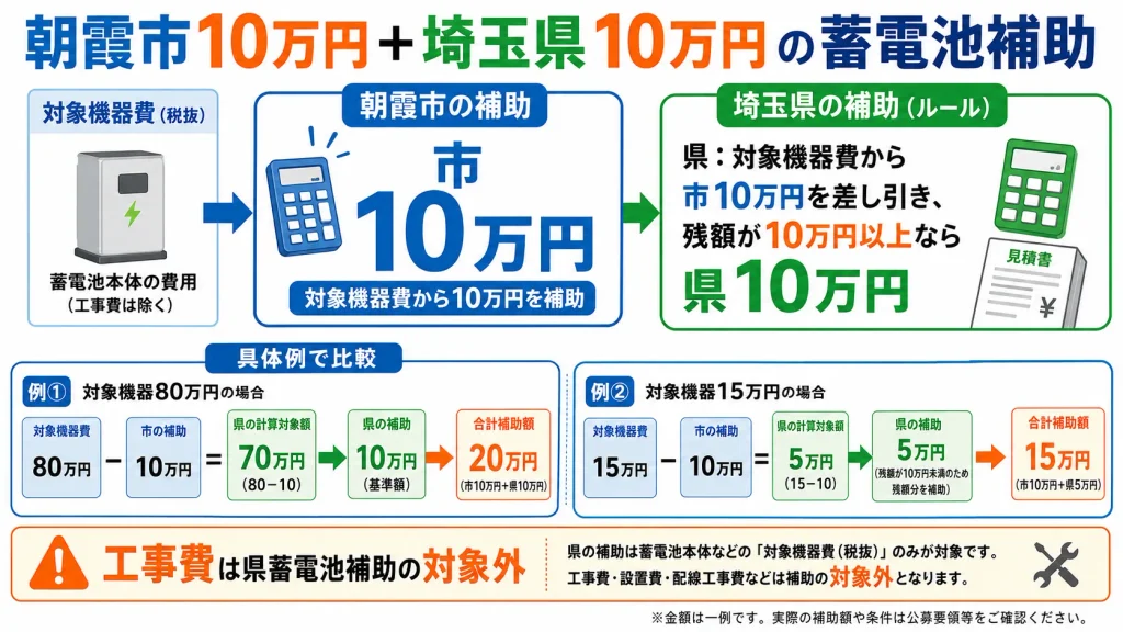 朝霞市10万円と埼玉県10万円の蓄電池補助金を併用する計算例