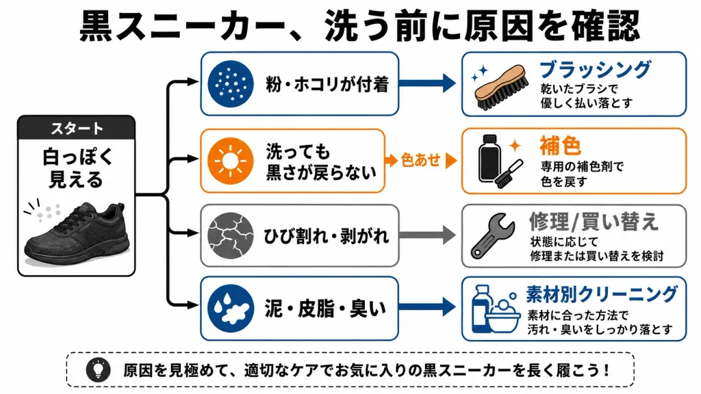 黒スニーカーの白い汚れ・色あせ・劣化を見分けて洗浄や補色へ分ける図