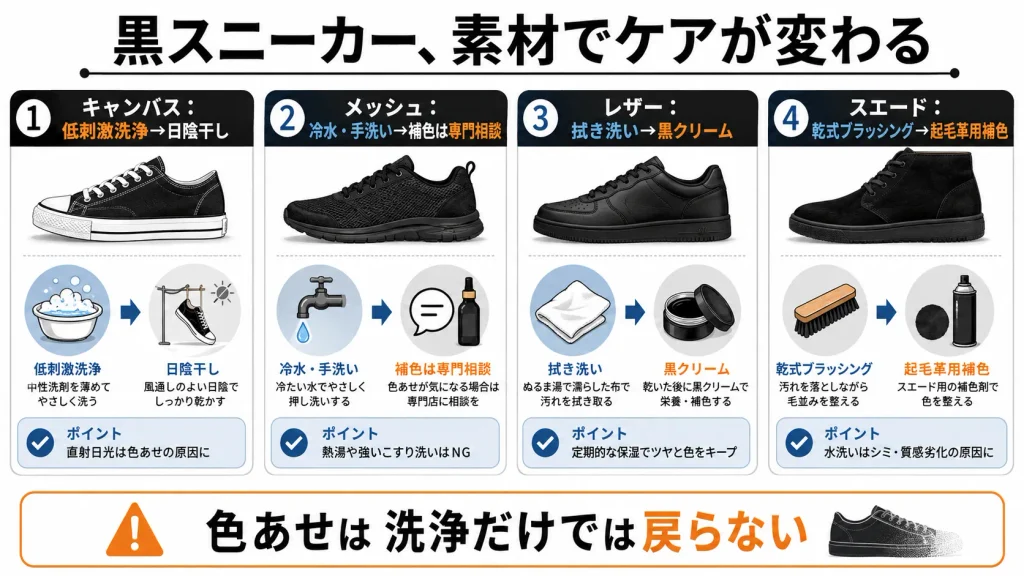 黒スニーカーをキャンバス・メッシュ・レザー・スエード別に洗浄と補色で分けた図