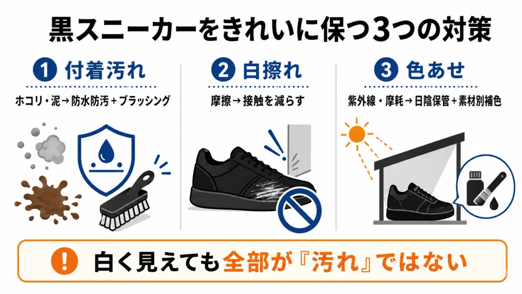 黒スニーカーの付着汚れ・白擦れ・色あせを分けて予防する方法