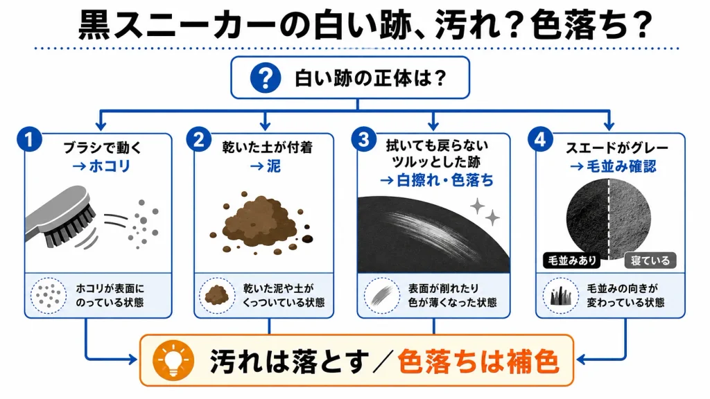 黒スニーカーの白いホコリ・泥・白擦れ・色あせを見分ける図