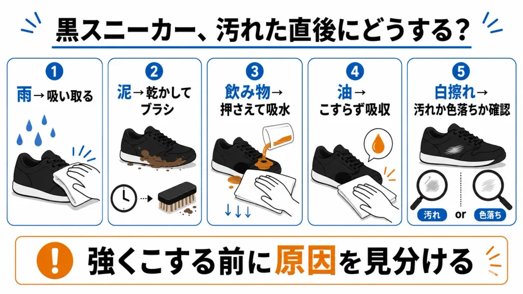 黒スニーカーに雨・泥・飲料・油・白擦れが付いた直後の対処法
