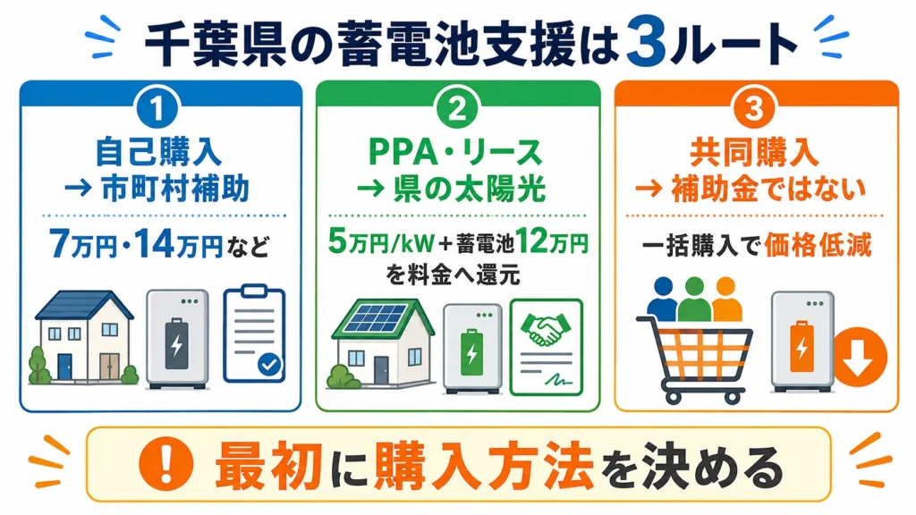 2026年度千葉県の蓄電池支援を自己購入・PPAリース・共同購入に分けた図