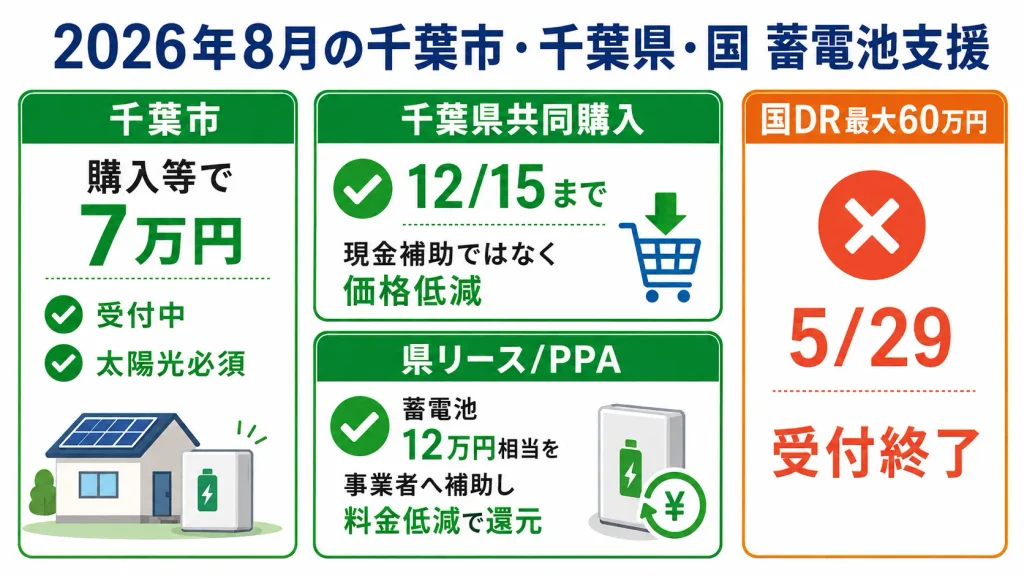 2026年8月時点で利用できる千葉市と千葉県の蓄電池支援と終了済み国DR補助