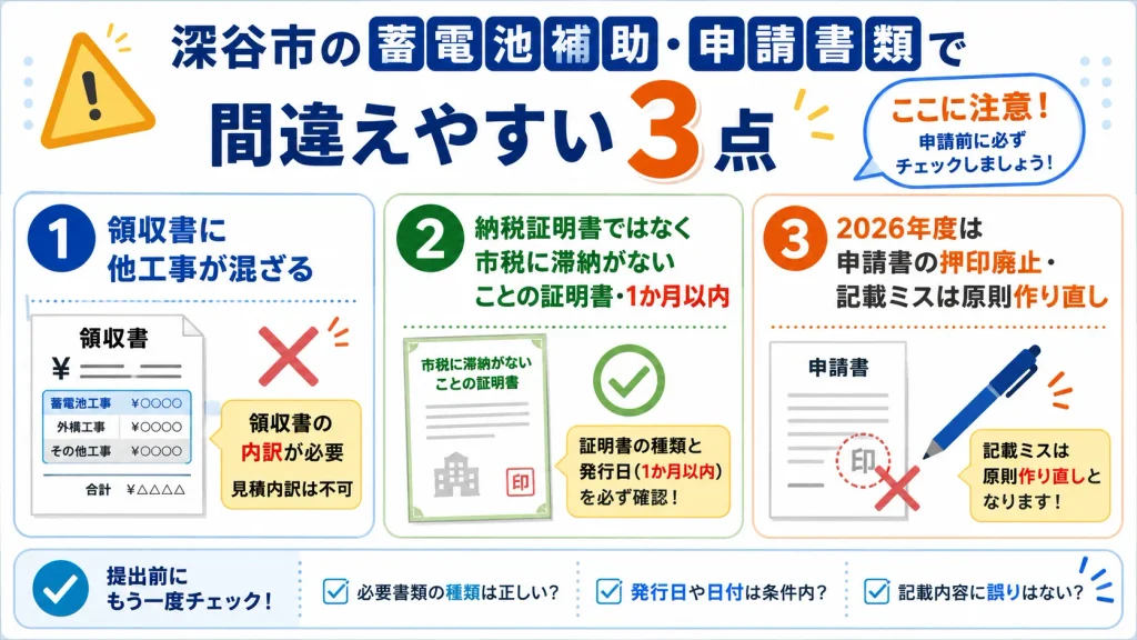 深谷市の蓄電池補助金で必要な領収書内訳と市税証明書、申請書の注意点