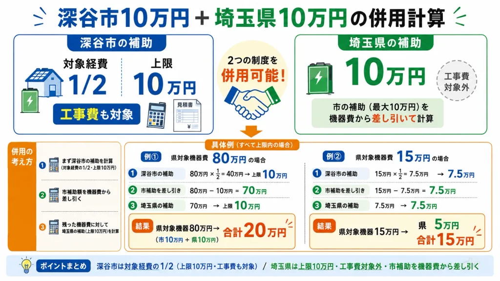 深谷市10万円と埼玉県10万円の蓄電池補助を併用する場合の計算例