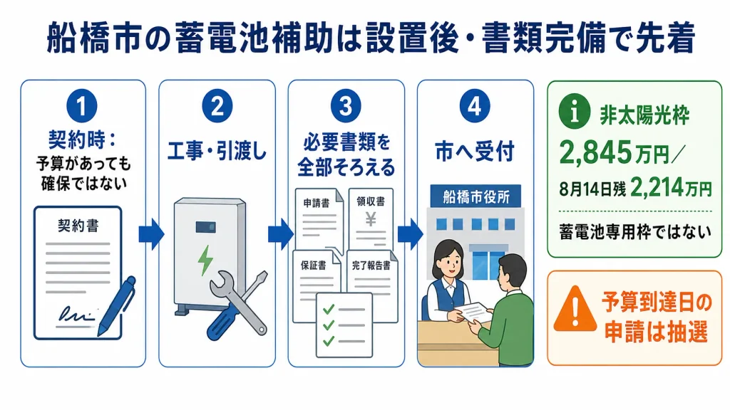船橋市の蓄電池補助金が設置後申請で書類完備順に受付されることを示す図