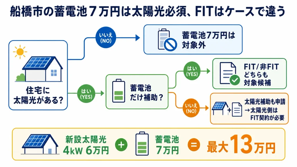 船橋市の蓄電池補助金7万円で必要な太陽光とFIT契約の条件を示す図