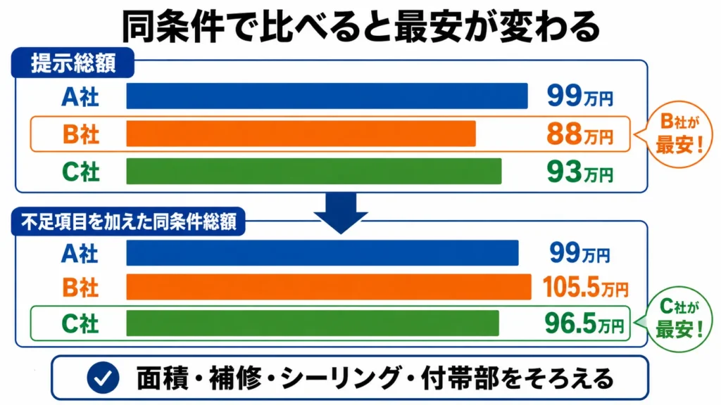 外壁塗装の見積もりを同条件に補正すると最安会社が逆転する例