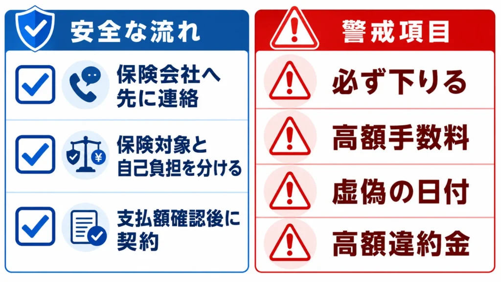火災保険申請で安全な流れと警戒すべき説明の対比図