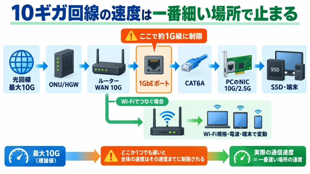 10ギガ光回線でONU、ルーター、LANポート、ケーブル、パソコンのどこかが1Gbps対応だと速度が制限される仕組み