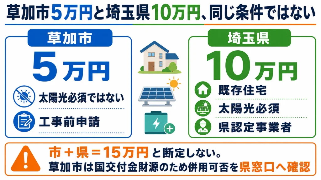 草加市5万円と埼玉県10万円の蓄電池補助金について太陽光要件や併用注意点を比較した図