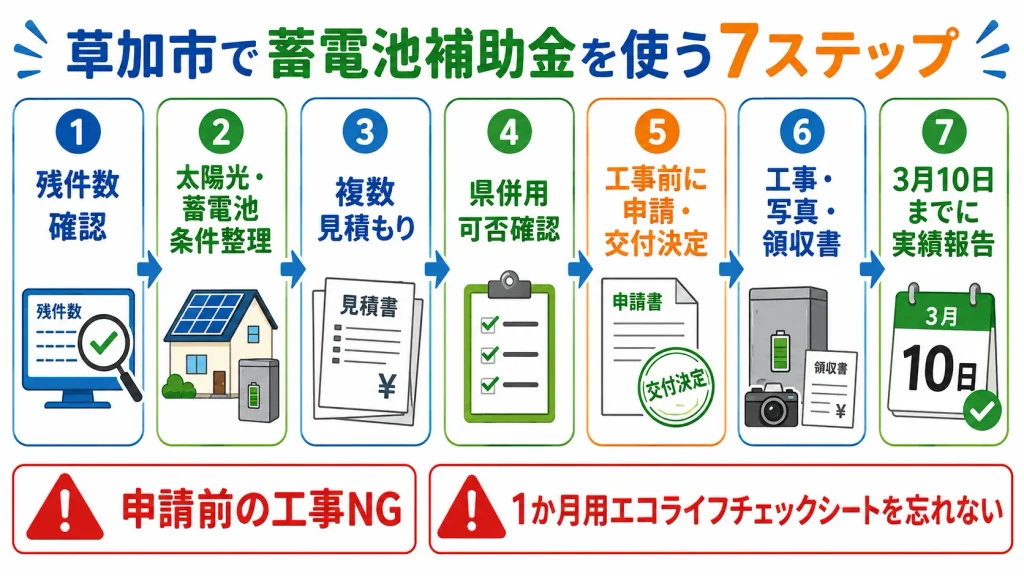 草加市で残予算確認から事前申請、工事、実績報告まで進める蓄電池補助金の7ステップ
