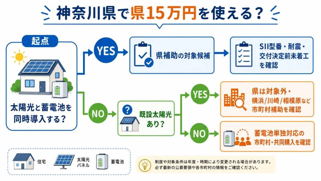 神奈川県の蓄電池補助金を太陽光の導入状況から判断するフローチャート