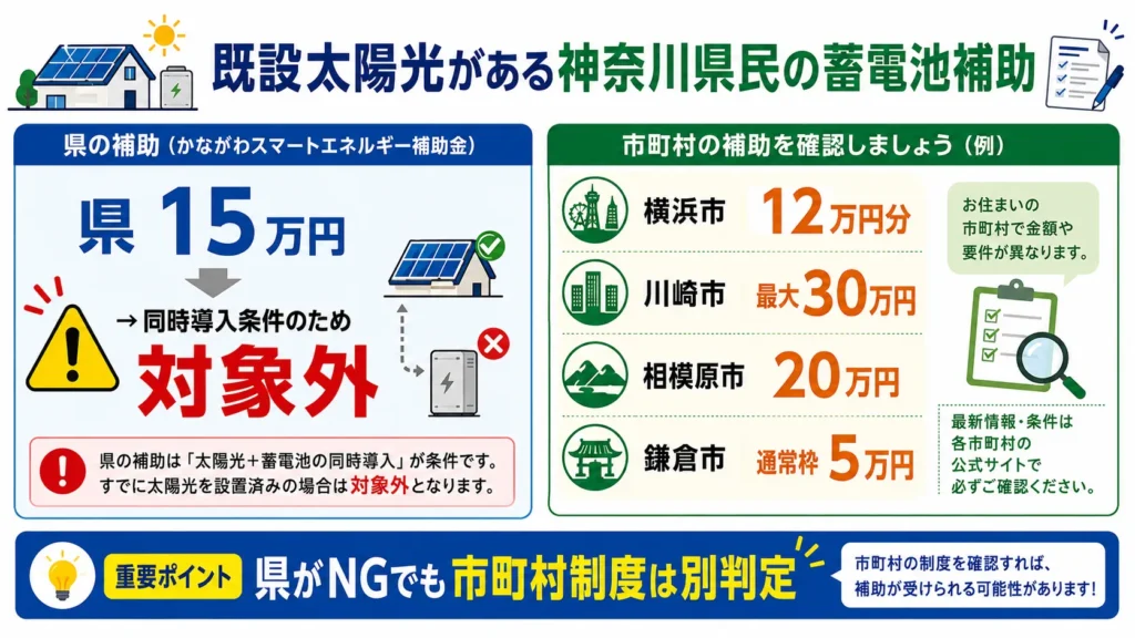 既設太陽光がある場合の神奈川県と市町村の蓄電池補助金の違い