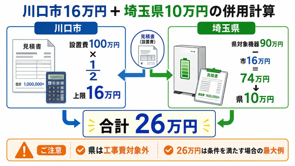 川口市16万円と埼玉県10万円の蓄電池補助を併用する計算例