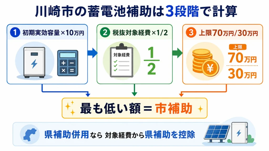 川崎市の蓄電池補助金を初期実効容量・対象経費・上限額で計算する方法