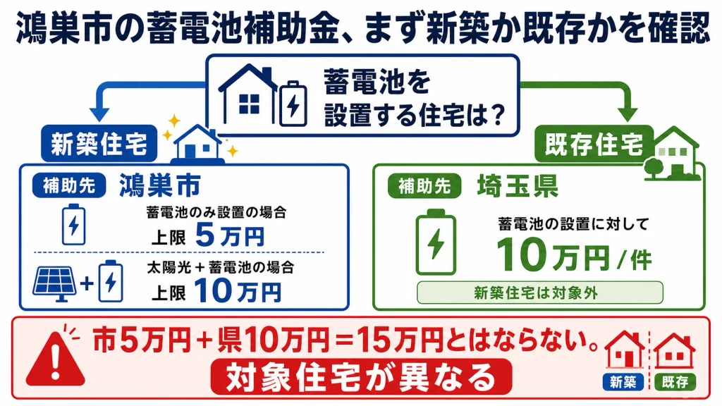 鴻巣市は新築住宅、埼玉県は既存住宅が対象となる蓄電池補助金の分岐図