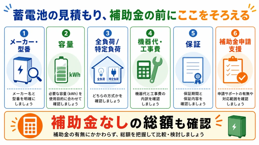 鴻巣市で蓄電池の見積もりを比較するとき型番・容量・工事費・保証などをそろえる図