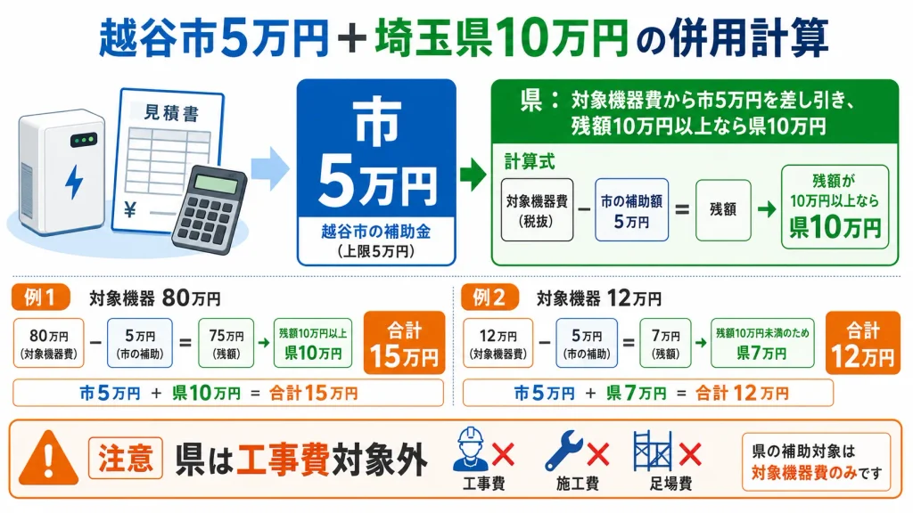 越谷市5万円と埼玉県10万円の家庭用蓄電池補助金を併用する計算例