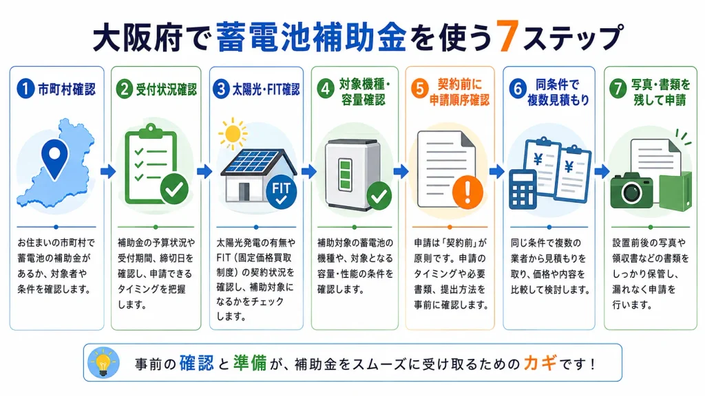 大阪府で家庭用蓄電池補助金を確認して申請するまでの7ステップ