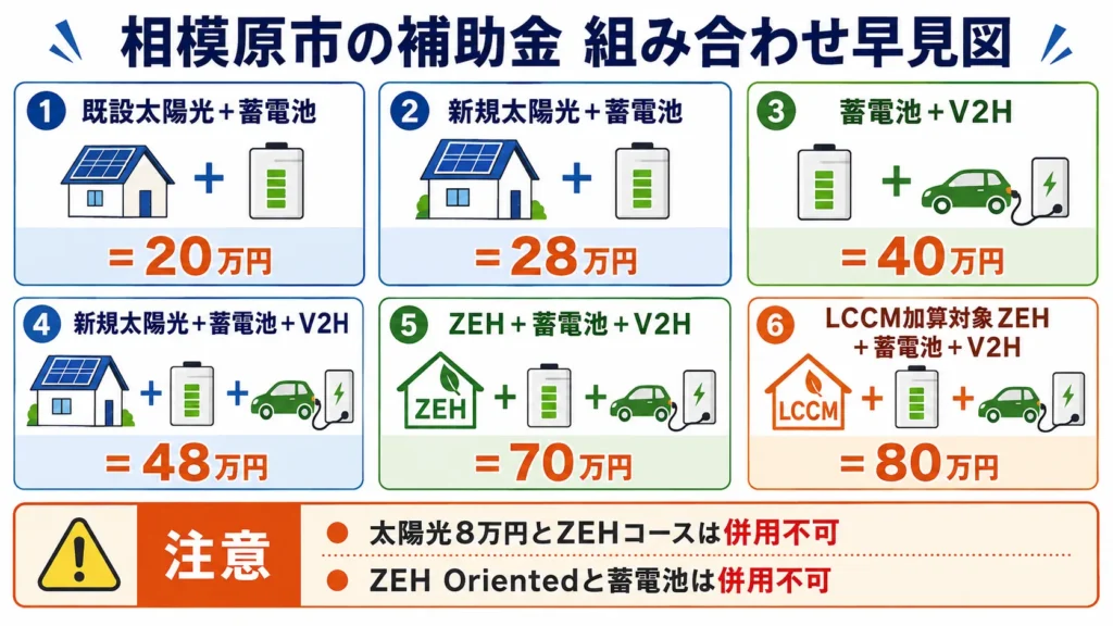 相模原市の蓄電池・太陽光・V2H・ZEH奨励金の併用可能な組み合わせ
