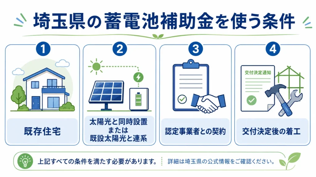 埼玉県の蓄電池補助金10万円を受け取るための4つの条件を示す図