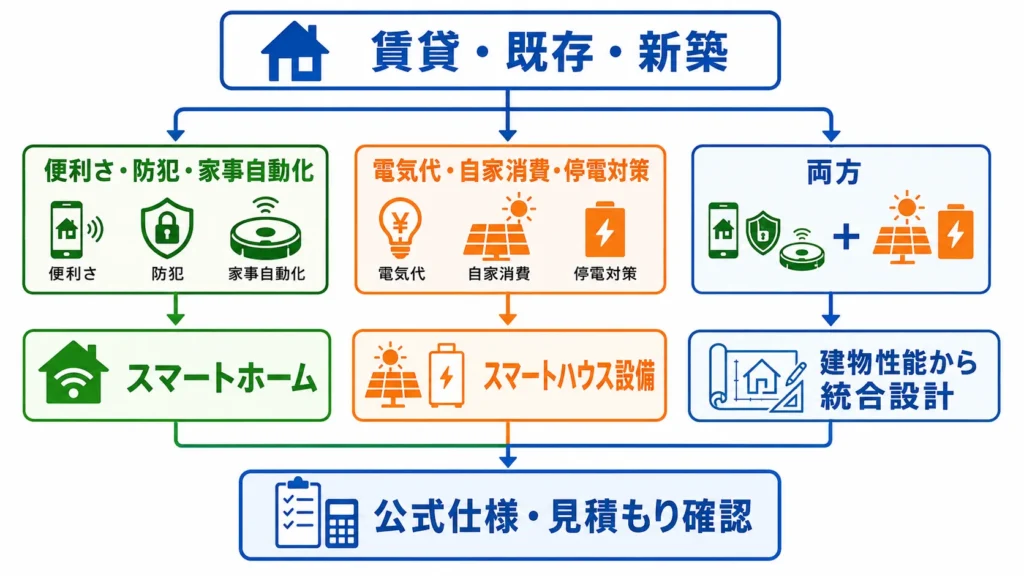 住まいと目的からスマートハウス・スマートホームを選ぶフローチャート。