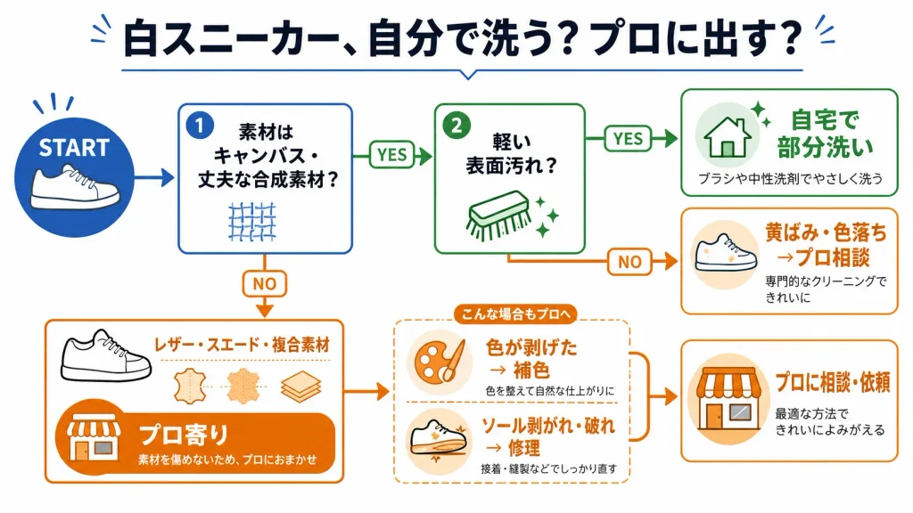 白スニーカーを自宅で洗うかプロのクリーニングへ出すか判断するフローチャート