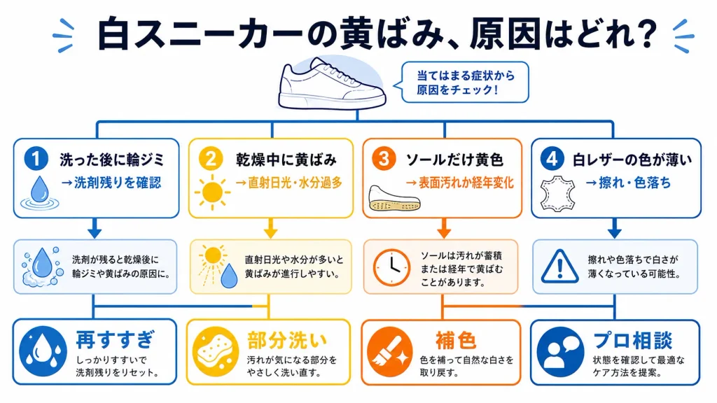 白スニーカーの黄ばみ原因を洗剤残り・乾燥・経年変化・色落ちで見分ける図