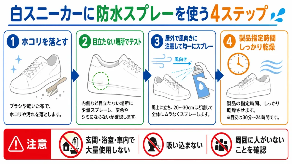 白スニーカーへ防水防汚スプレーを安全に使う4ステップ