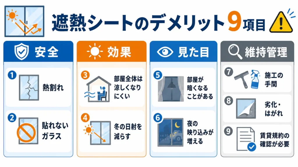窓用遮熱シートの9つのデメリットを分類した図