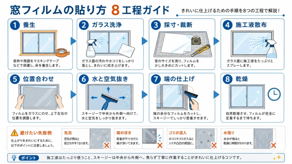 窓用遮熱シートの水貼り施工8工程