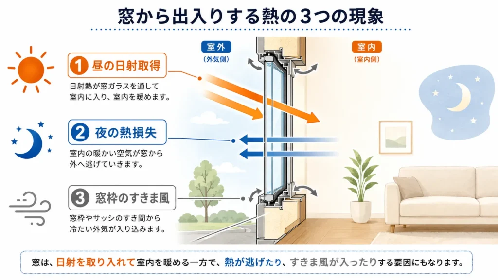 冬の窓で起こる日射取得・熱損失・すきま風の図解