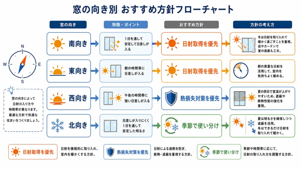 方角別に冬の遮熱シートの扱いを判断するフローチャート