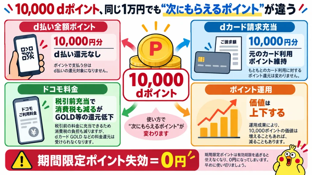 10000dポイントをd払い、dカード利用代金、ドコモ料金、ポイント運用に使う違い