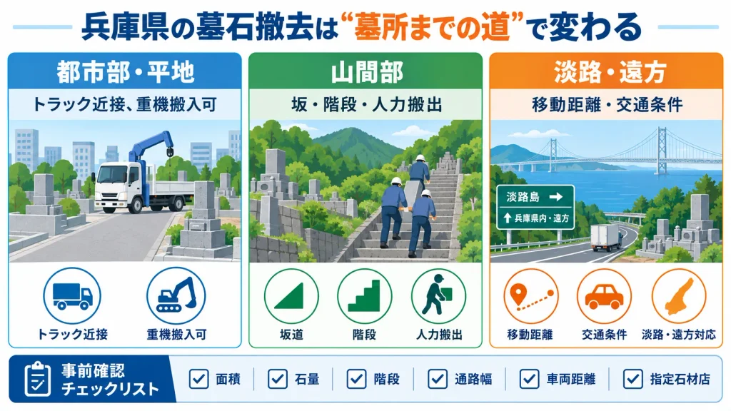 兵庫県の墓じまい費用が都市部・山間部・淡路の搬出条件で変わる理由
